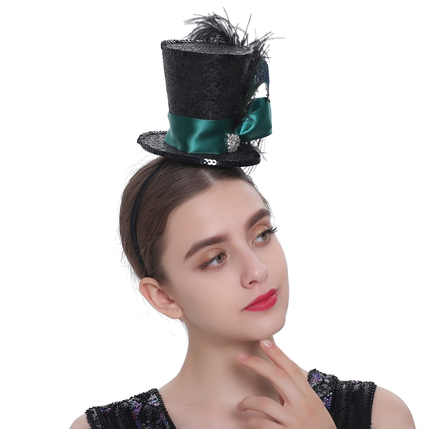 Comott Mini Top Hat Headband Fascinator Ostrich Feather Top Hat for Derby Tea Party