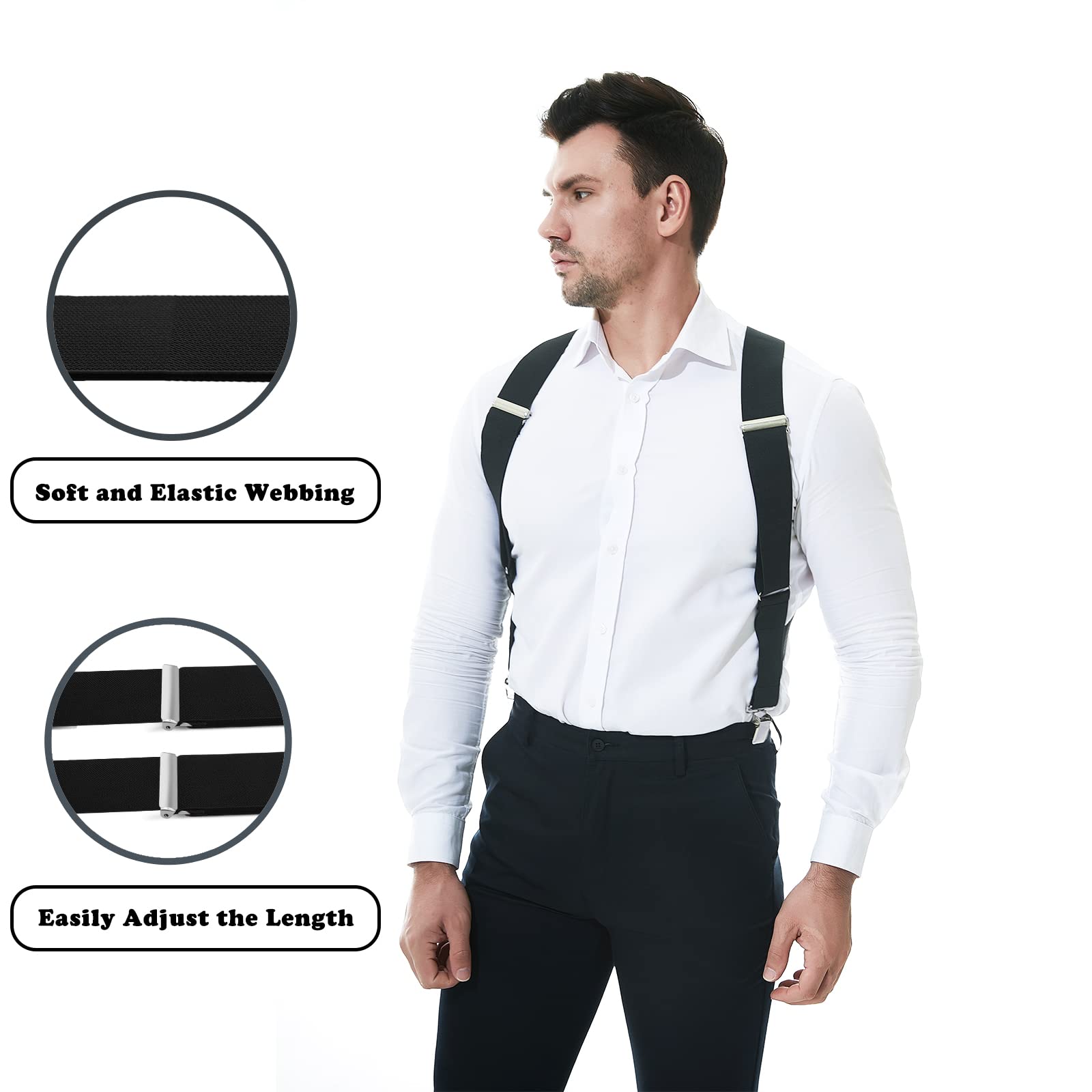 JTCMOJS Mens Suspenders for Men Heavy Duty 2" Black Suspenders Men Adjustable Braces Big and Tall Work Suspenders Side Clip Suspenders with Strong Clips