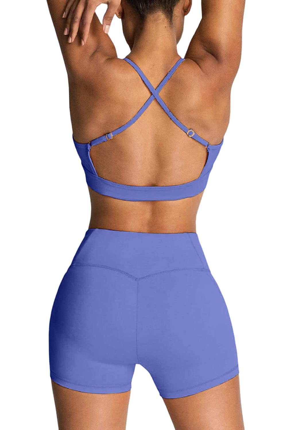 IMEKIS Workout Sets for Women 2 Piece Yoga Outfit: Tracksuits High Waisted Running Biker Shorts with Adjustable Strap Sport Bra Exercise Running Clothes Athletic Gym Sets Matching Active Wear Blue S