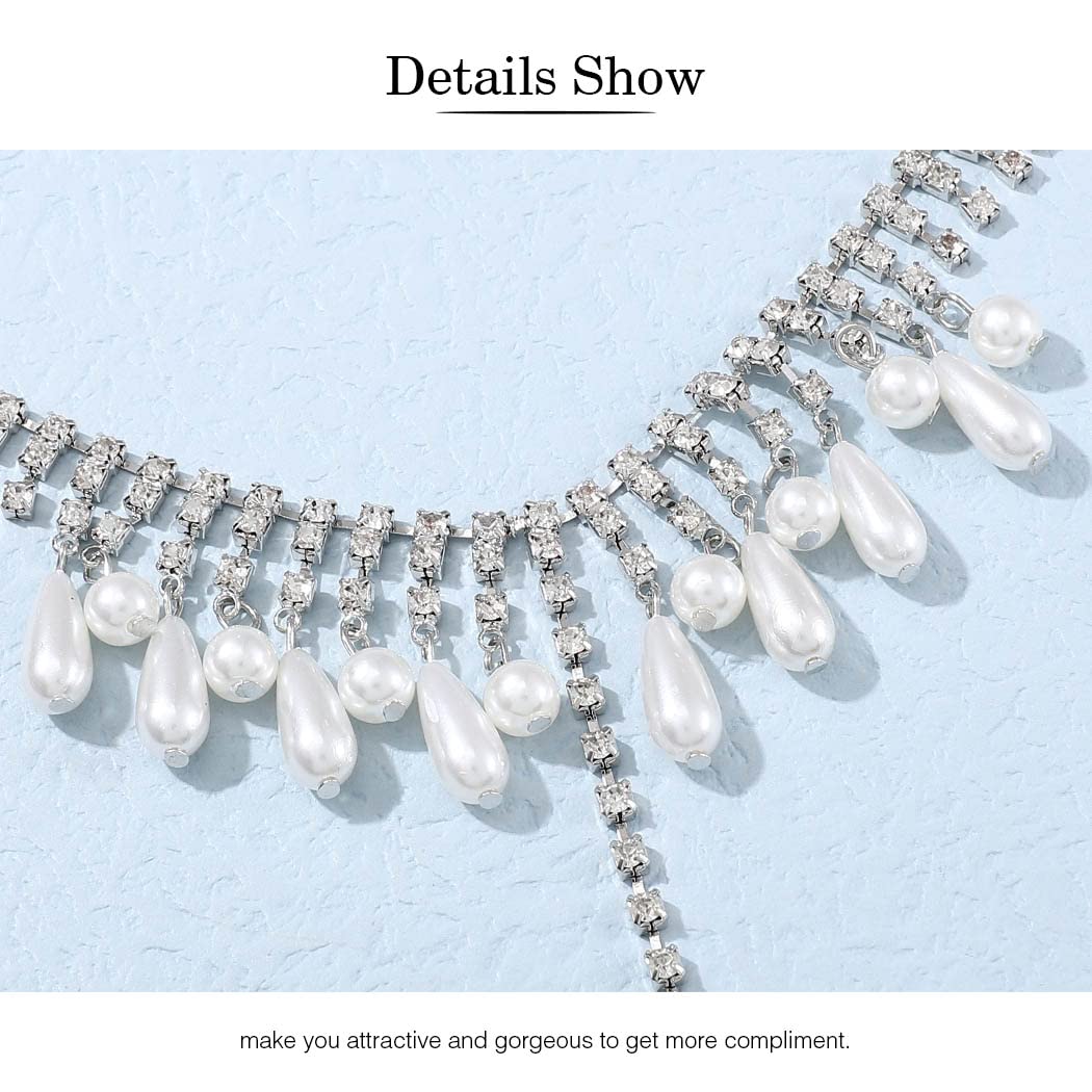 Bodiy Pearl Body Chain for Women Silver Crystal Chest Chain Tassel Sparkly Rhinestones Bikini Body Jewelry