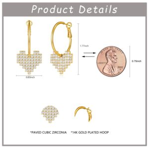 925 Sterling Silver Post Dangle Hoop Earrings for Women 14K Gold Plated Drop Hoops Pave Cubic Zirconia Big Heart-shaped Earrings for Women