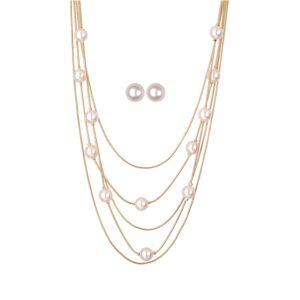 Nicole Miller Pearls Multi-strand Long Necklace Set with Pearl Earrings (Gold/White)