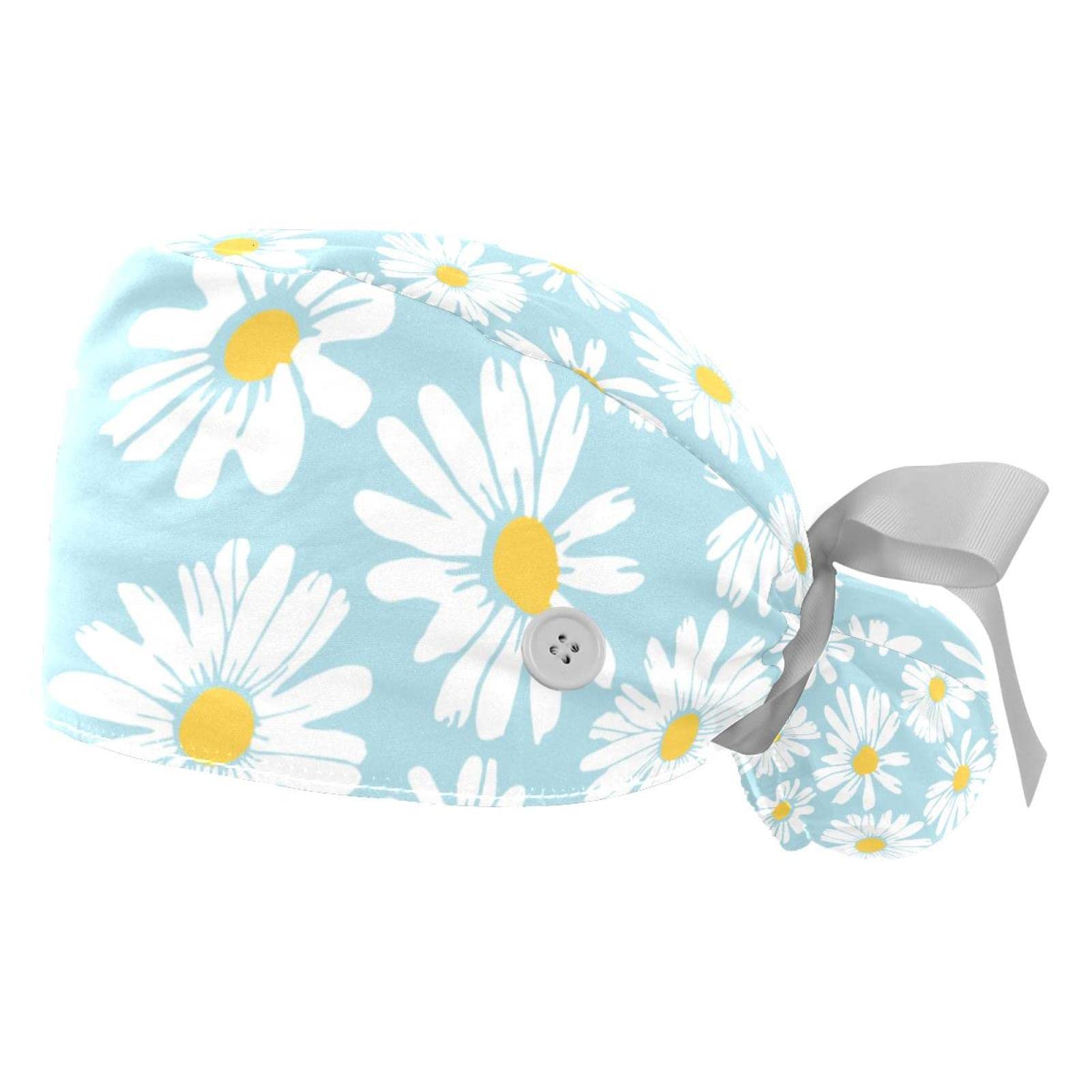 Mersov Little Daisy White Flowers Light Blue Working Cap with Button & Sweatband, 2 Packs Reusable Surgical Surgery Hats Ponytail Holder, Light Blue,white, Medium-3X-Large