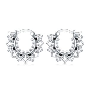 lotus hoop earrings 925 sterling silver double-sided petal snap hook closure balinese tribal boho earrings for women