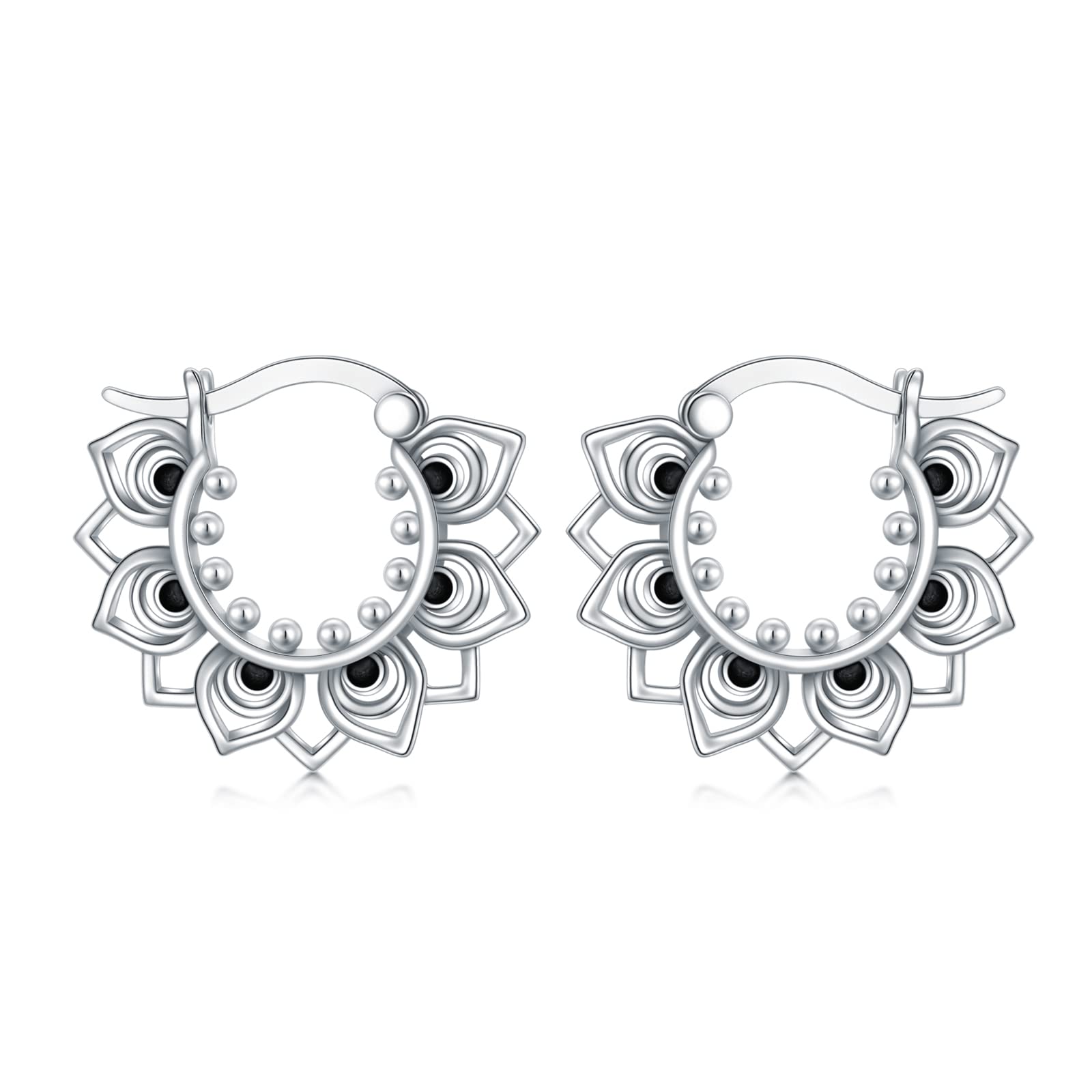 Lotus Hoop Earrings 925 Sterling Silver Double-sided Petal Snap Hook Closure Balinese Tribal Boho Earrings For Women