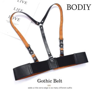 BODIY Punk Waist Belt Fashion Strap Gothic Black Leather Wide Waist Belts Elastic Rave Cosplay Halloween Body Chain Accessory for Women and Girls