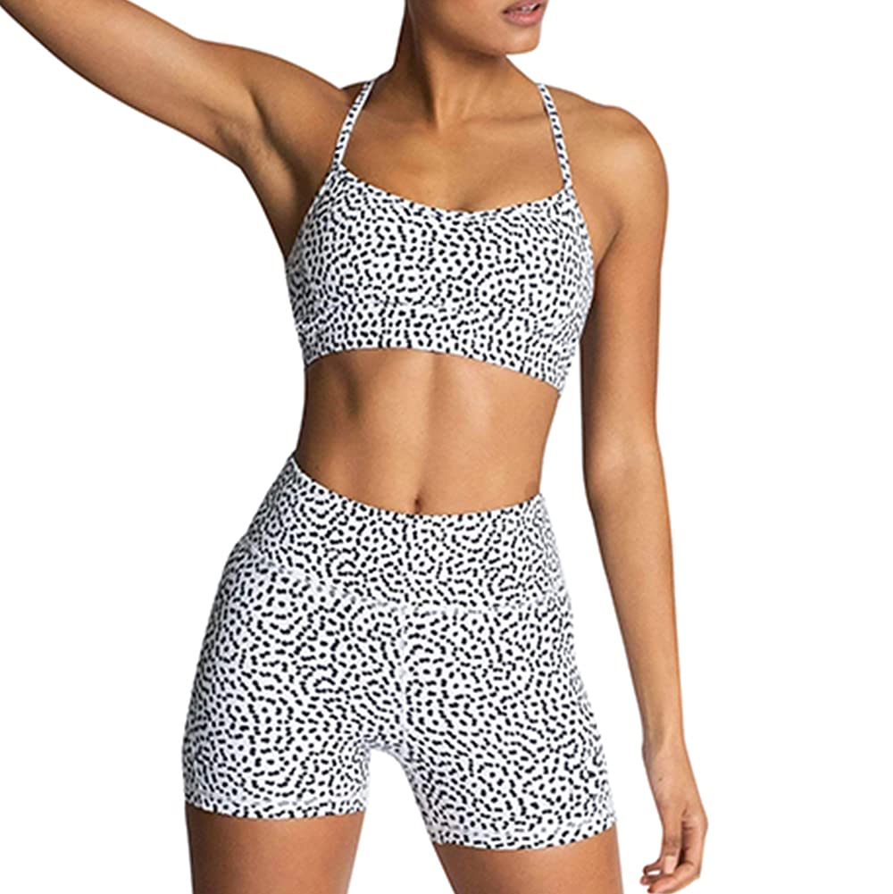 IMEKIS Workout Sets for Women 2 Piece Yoga Outfit: Tracksuits High Waisted Running Biker Shorts with Adjustable Strap Sport Bra Exercise Running Clothes Athletic Gym Sets Matching White Polka Dots S