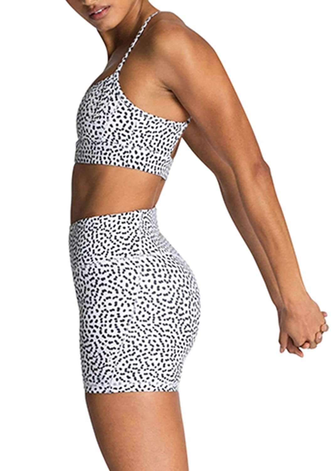 IMEKIS Workout Sets for Women 2 Piece Yoga Outfit: Tracksuits High Waisted Running Biker Shorts with Adjustable Strap Sport Bra Exercise Running Clothes Athletic Gym Sets Matching White Polka Dots S