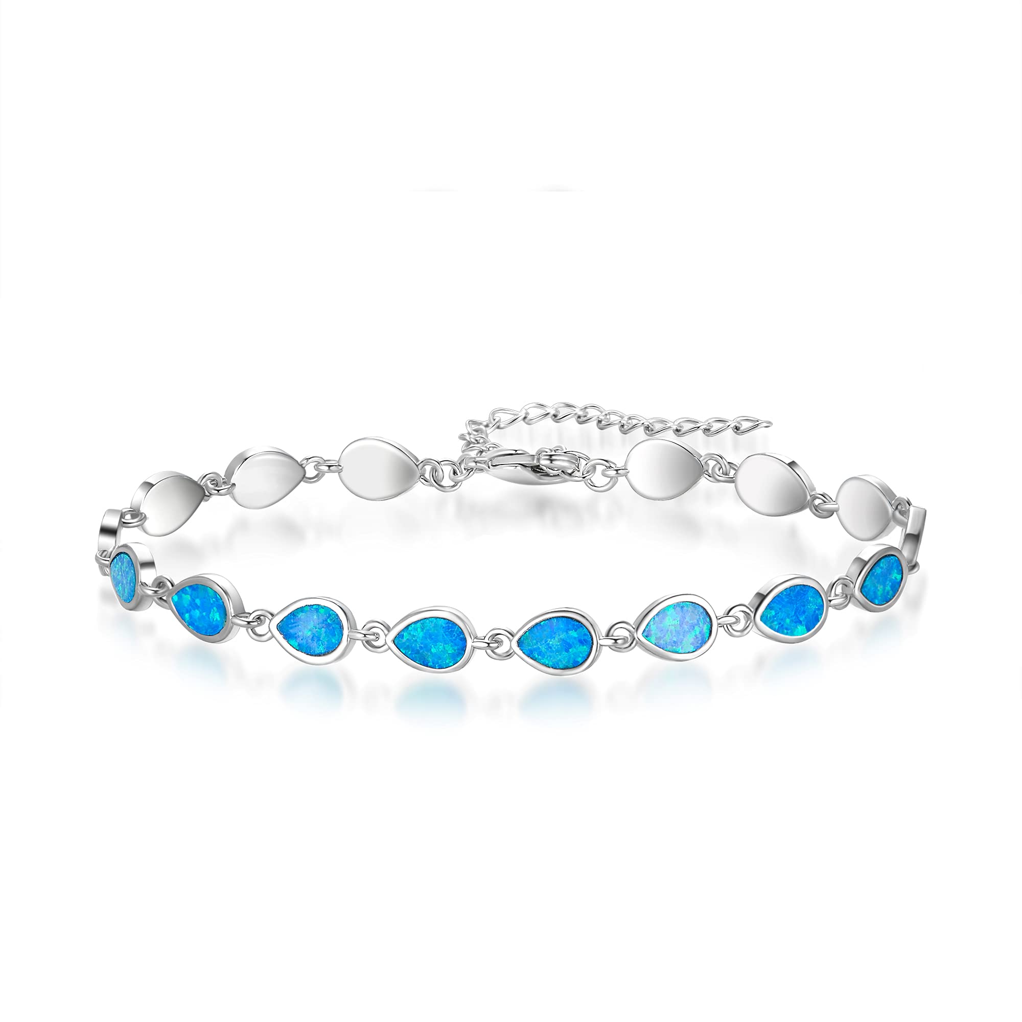 EVER FAITH Created Opal Bracelet for Women Synthetic Gemstone Blue October Birthstone Tennis Bracelets Adjustable Link Fashion Jewelry Gift