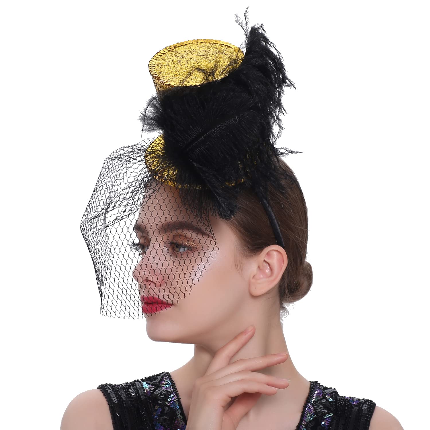 Comott Mini Top Hat Headband Fascinator Ostrich Feather Top Hat for Derby Tea Party Gold