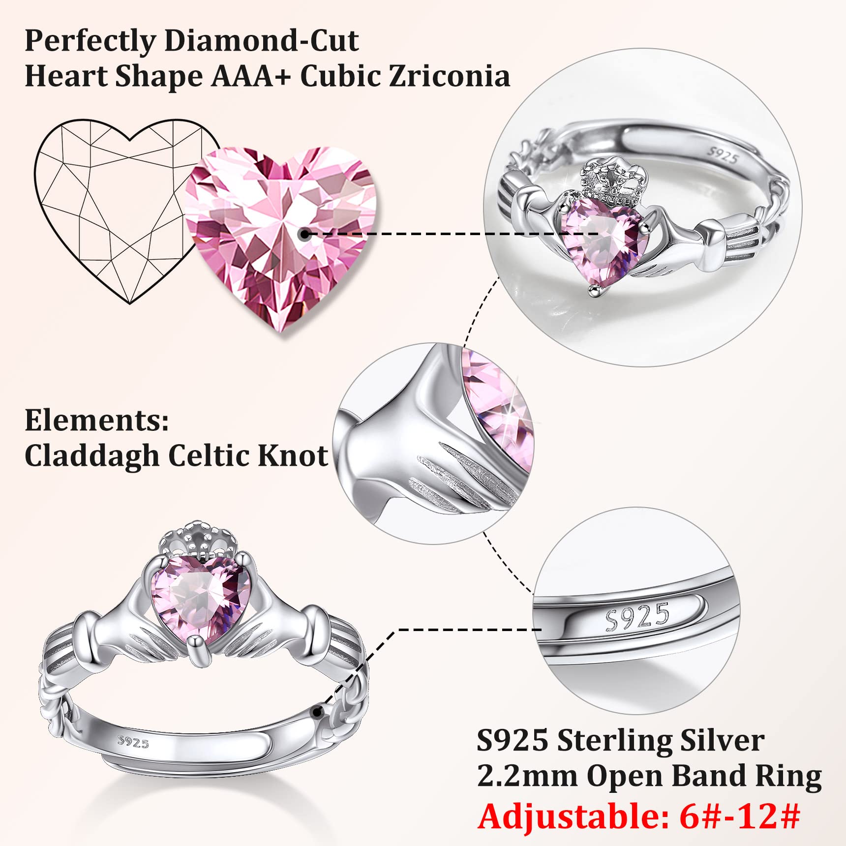 Bestyle Infinity Love Celtic Claddagh Rings for Women October Pink Tourmaline Gemstone Celtic Claddagh Rings with Sparkling Cubic Zirconia, Brilliant Love Heart Diamond Halo Rings