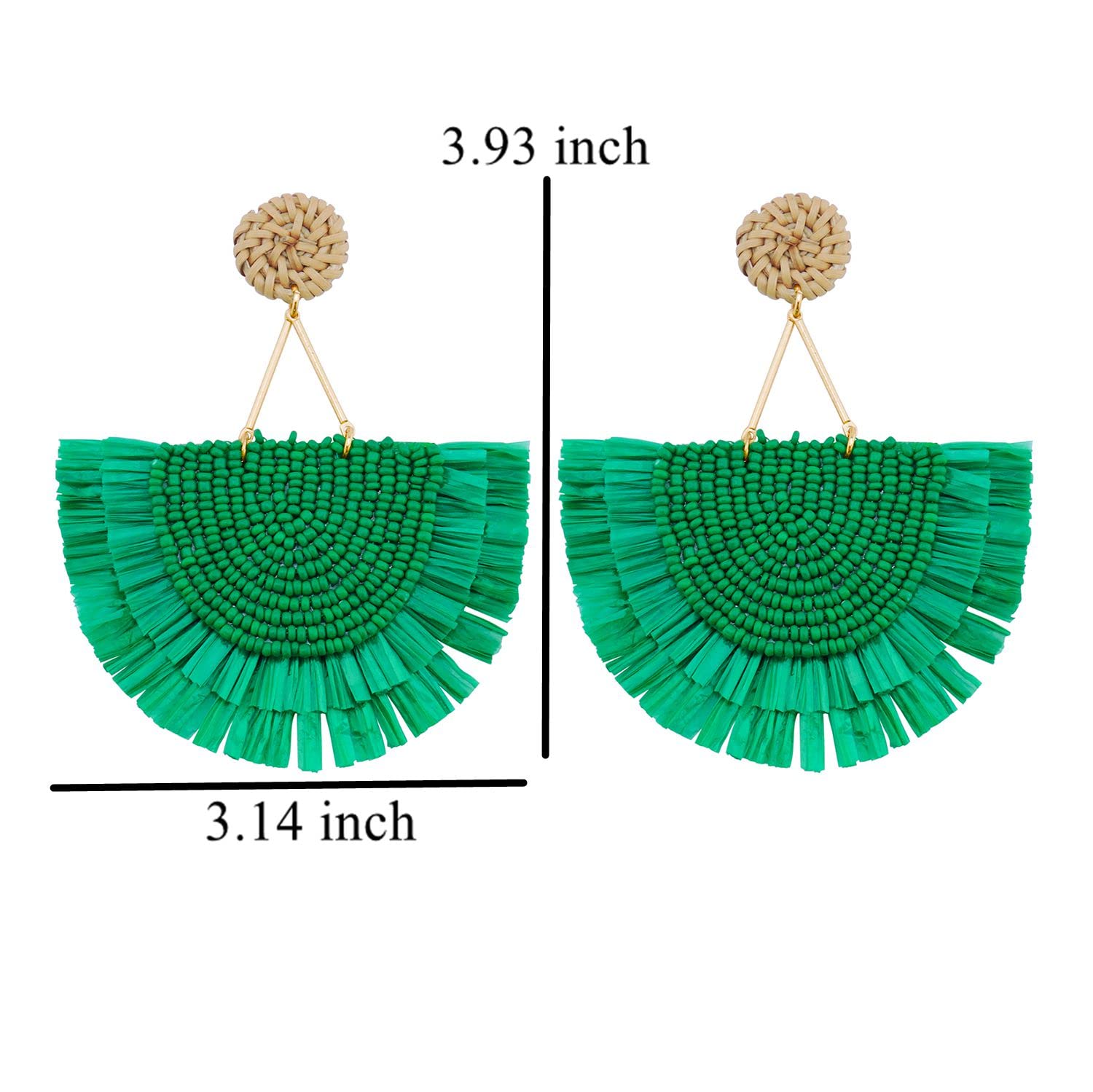 COIRIS Bohemia Beaded Fringe Statement Earrings with Long Dangling Tassel Raffia Earrings for Women(ER1183-Green Big)