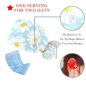 Mersov Little Daisy White Flowers Light Blue Working Cap with Button & Sweatband, 2 Packs Reusable Surgical Surgery Hats Ponytail Holder, Light Blue,white, Medium-3X-Large