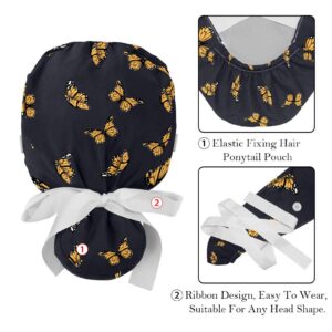 Yellow Butterfly Black Background Working Caps with Buttons, Long Hair Scrub Hats Ponytail Holder for Women