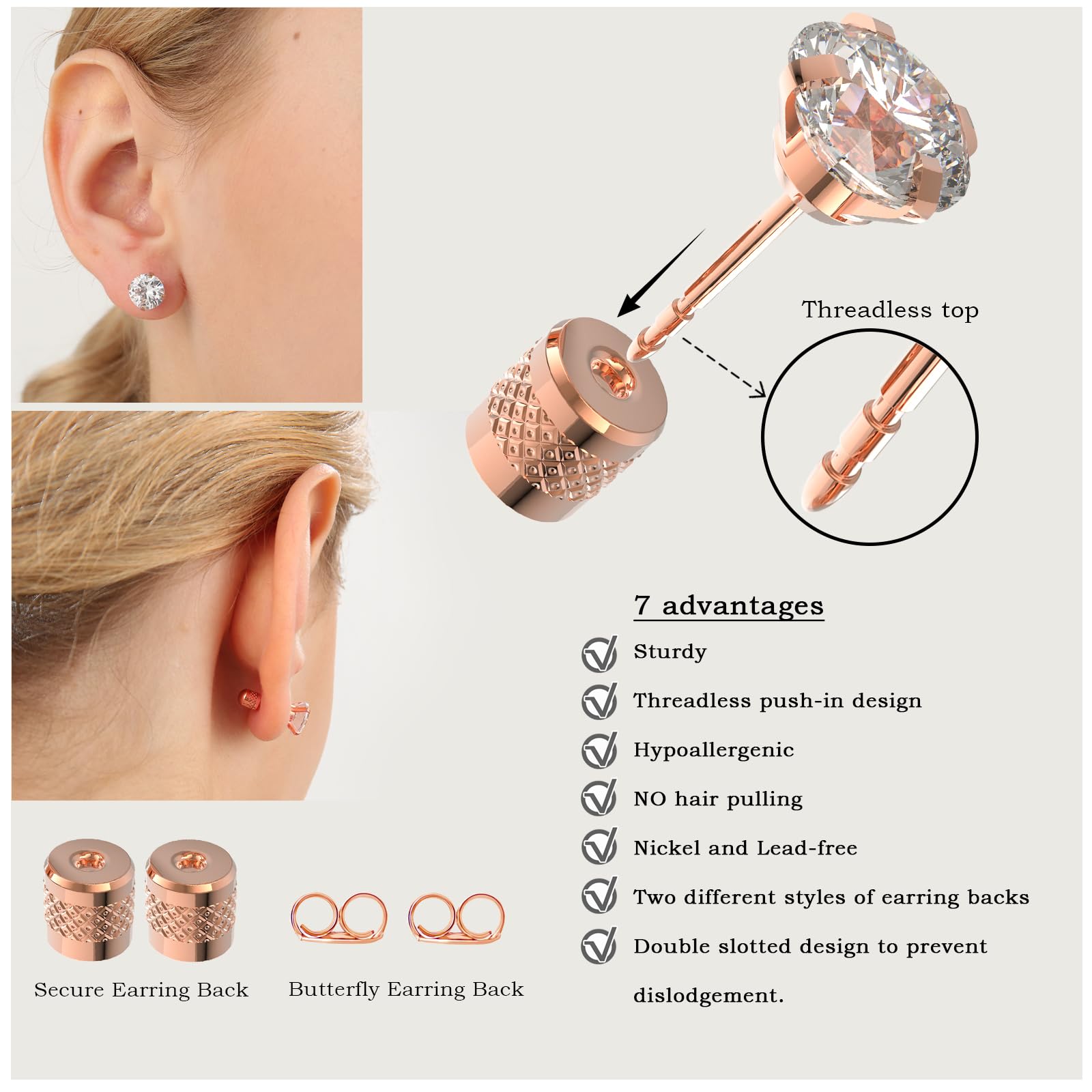 5 pairs Push-in Flat Back Stud Earrings Hypoallergenic Surgical Stainless Steel Cubic Zirconia Earrings Studs Set Multi-Pack, CZ Stud Earrings for Women Men Trendy Cartilage Earrings 4-8mm(rose gold)