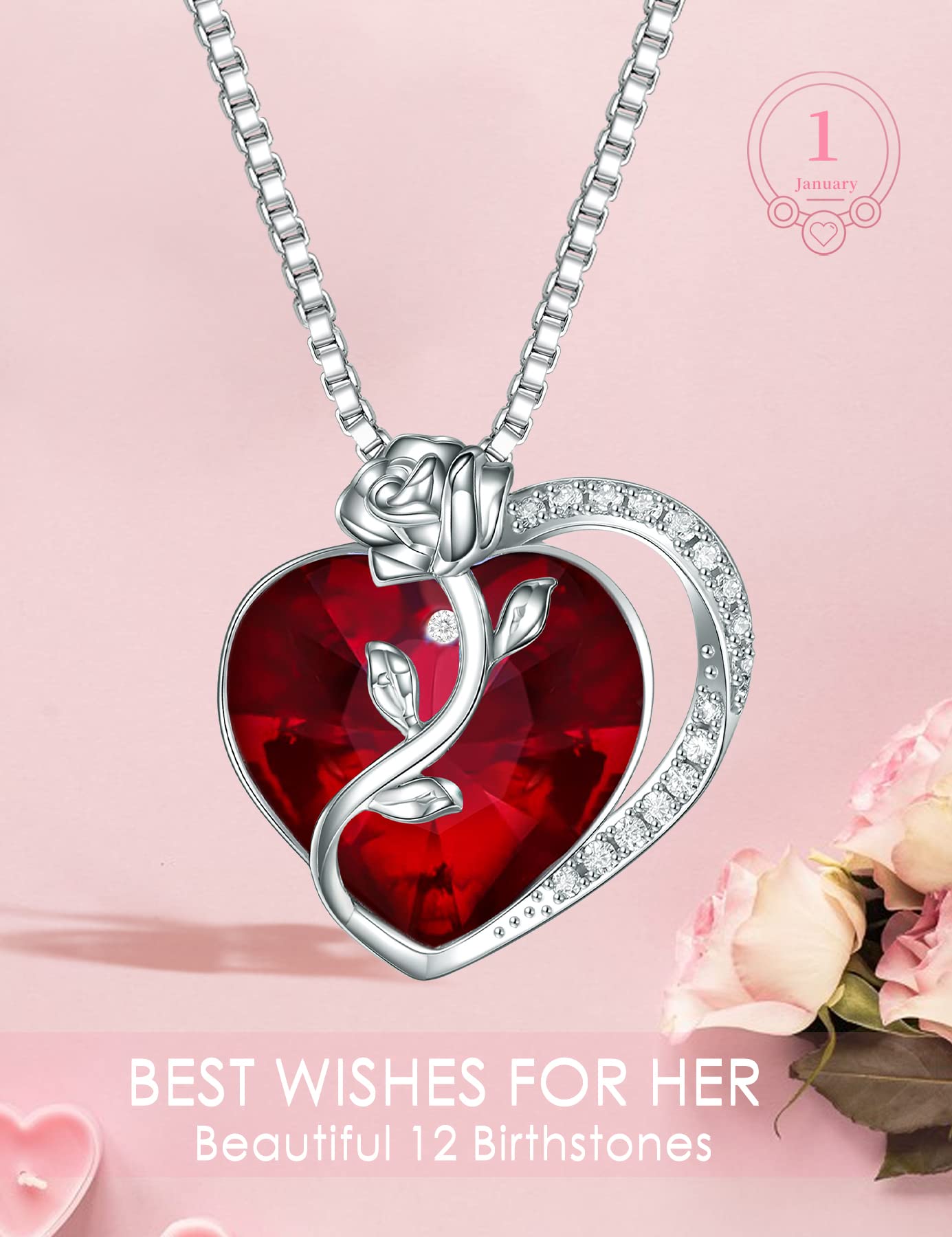 SILVERKITY 925 Sterling Silver Rose Flower Heart Birthstones Necklace for Women with Austria Crystal, Pendants Gifts, Anniversary Birthday Jewelry Gift for Wife Mom Daily Wear