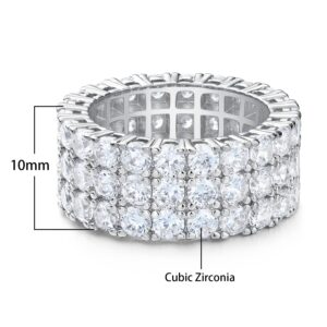 Gemsme 3 Row Cubic Zirconia Ring, 14K White Gold 3 Row Cubic Zirconia Eternity Statement Ring for Women (White Gold Plated, 7)