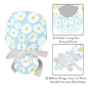 Mersov Little Daisy White Flowers Light Blue Working Cap with Button & Sweatband, 2 Packs Reusable Surgical Surgery Hats Ponytail Holder, Light Blue,white, Medium-3X-Large