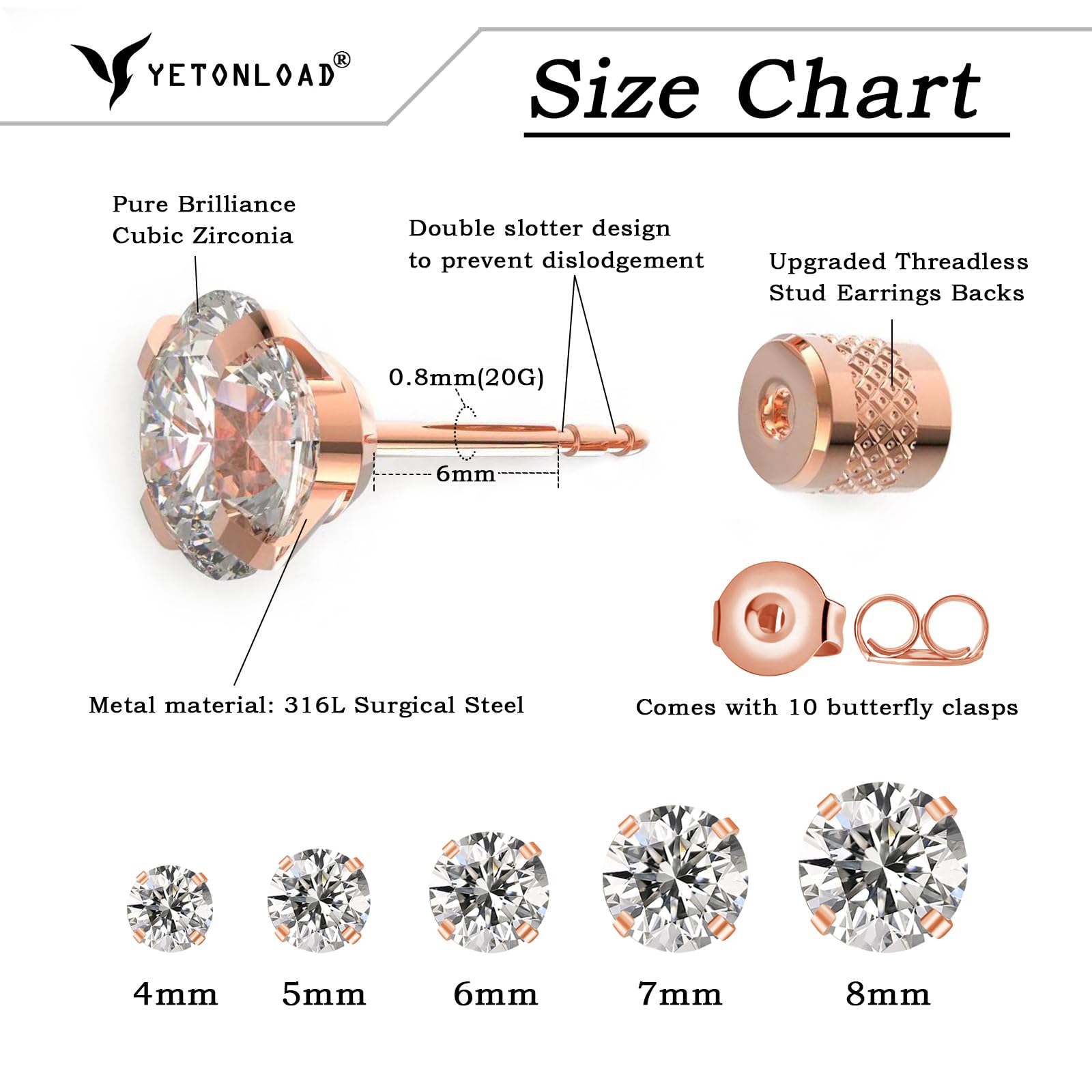 5 pairs Push-in Flat Back Stud Earrings Hypoallergenic Surgical Stainless Steel Cubic Zirconia Earrings Studs Set Multi-Pack, CZ Stud Earrings for Women Men Trendy Cartilage Earrings 4-8mm(rose gold)