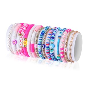 KINBOM 16pcs Preppy Bracelets, Colorful Y2K Heishi Jewelry Girls' Charm Bracelets Aesthetic Boho Beaded Stretch Bracelet Summer Beach Jewelry Stuff for Women