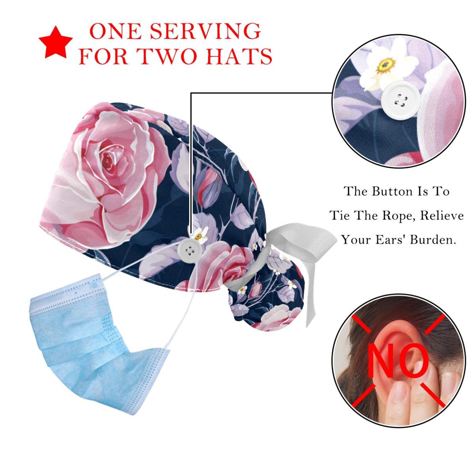 Mersov Pink Rose Flowers Working Cap with Button & Sweatband, 2 Packs Reusable Surgical Surgery Hats Ponytail Holder, Multi Color, Medium-3X-Large