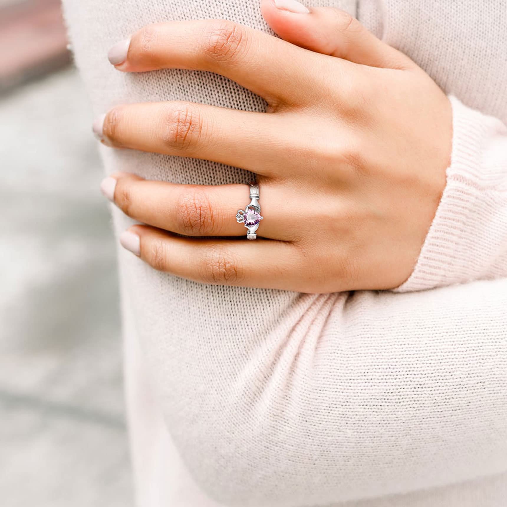 Bestyle Infinity Love Celtic Claddagh Rings for Women October Pink Tourmaline Gemstone Celtic Claddagh Rings with Sparkling Cubic Zirconia, Brilliant Love Heart Diamond Halo Rings