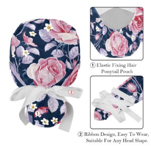 Mersov Pink Rose Flowers Working Cap with Button & Sweatband, 2 Packs Reusable Surgical Surgery Hats Ponytail Holder, Multi Color, Medium-3X-Large