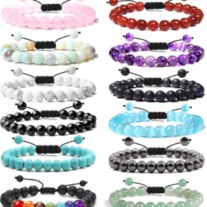 JEWPARK 12 PCS 8mm Semi-Precious Gemstone Bracelet Set Crystal Stone Bracelets for Men Women Round Beaded Adjustable Macrame Bracelets