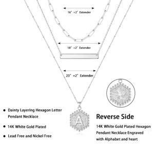 Turandoss Silver Layered Necklaces for Women, 14K White Gold Plated Paperclip Chain Necklace for Women Hexagon Letter Pendant Initial A Necklace Choker Necklaces Silver Necklace for Women