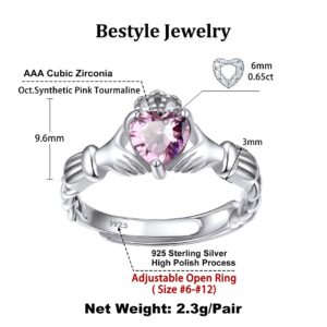 Bestyle Infinity Love Celtic Claddagh Rings for Women October Pink Tourmaline Gemstone Celtic Claddagh Rings with Sparkling Cubic Zirconia, Brilliant Love Heart Diamond Halo Rings