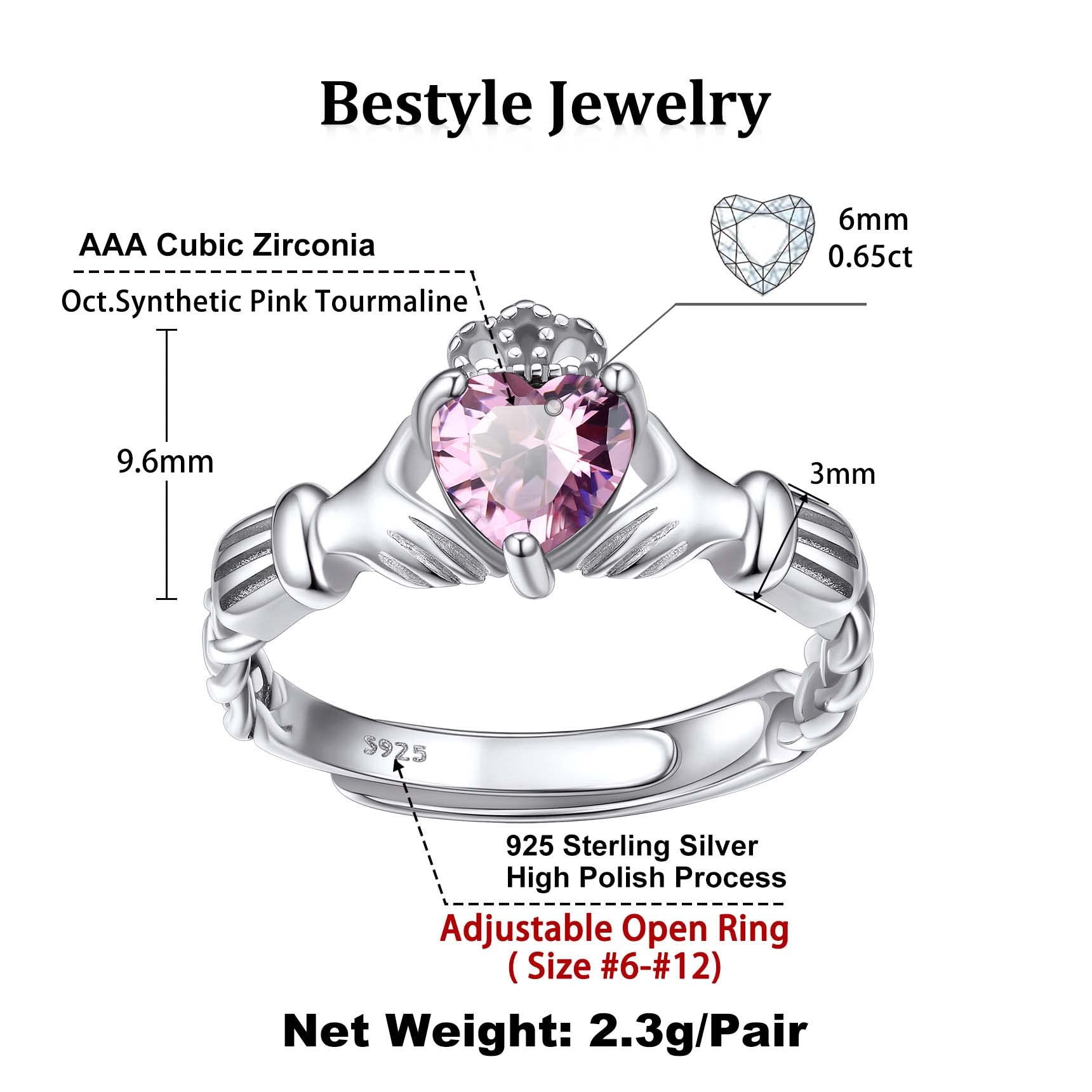 Bestyle Infinity Love Celtic Claddagh Rings for Women October Pink Tourmaline Gemstone Celtic Claddagh Rings with Sparkling Cubic Zirconia, Brilliant Love Heart Diamond Halo Rings