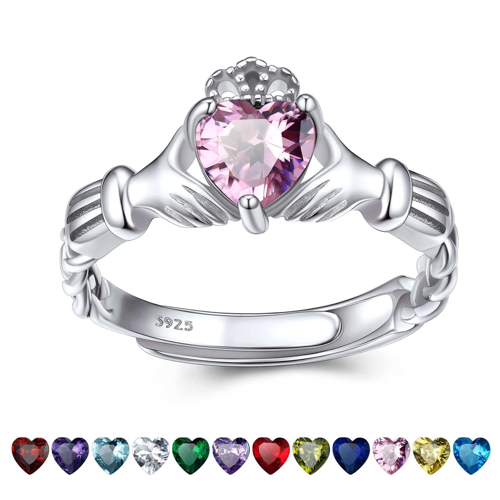 Bestyle Infinity Love Celtic Claddagh Rings for Women October Pink Tourmaline Gemstone Celtic Claddagh Rings with Sparkling Cubic Zirconia, Brilliant Love Heart Diamond Halo Rings