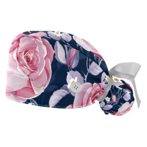 mersov pink rose flowers working cap with button & sweatband, 2 packs reusable surgical surgery hats ponytail holder, multi color, medium-3x-large