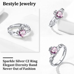 Bestyle Infinity Love Celtic Claddagh Rings for Women October Pink Tourmaline Gemstone Celtic Claddagh Rings with Sparkling Cubic Zirconia, Brilliant Love Heart Diamond Halo Rings