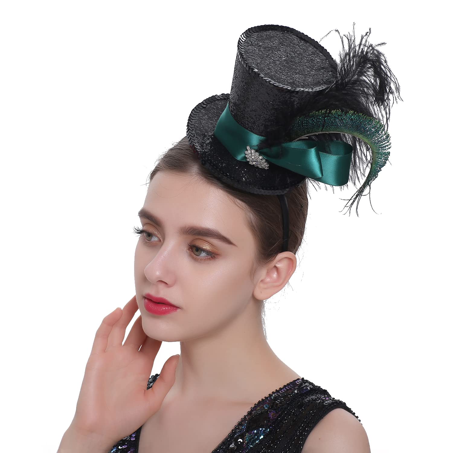 Comott Mini Top Hat Headband Fascinator Ostrich Feather Top Hat for Derby Tea Party