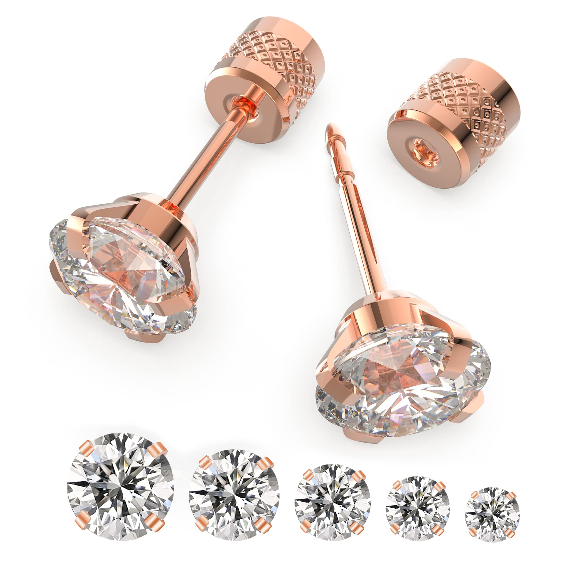 5 pairs Push-in Flat Back Stud Earrings Hypoallergenic Surgical Stainless Steel Cubic Zirconia Earrings Studs Set Multi-Pack, CZ Stud Earrings for Women Men Trendy Cartilage Earrings 4-8mm(rose gold)