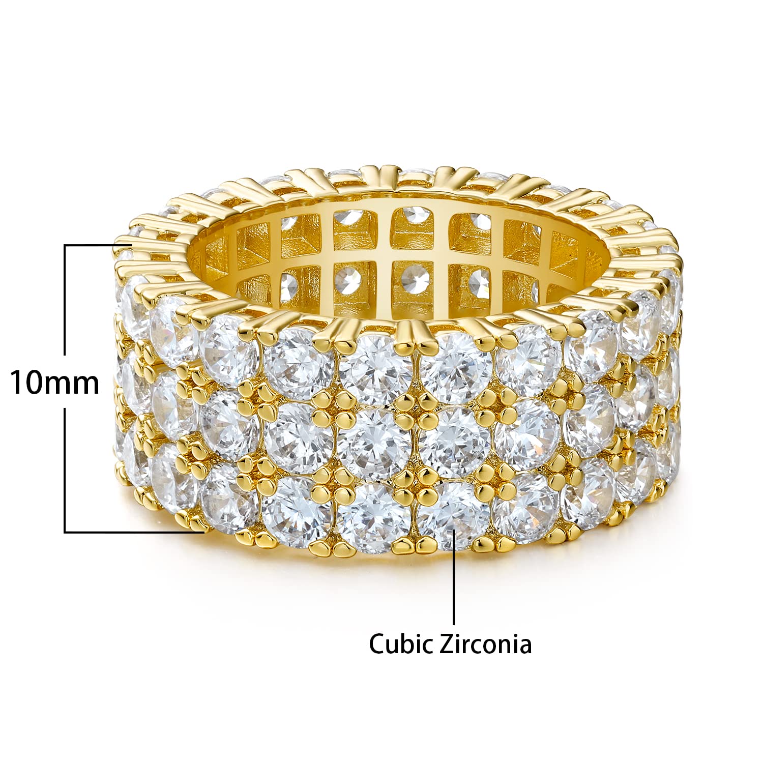 Gemsme 3 Row Cubic Zirconia Ring, 14K Yellow Gold 3 Row Cubic Zirconia Eternity Statement Ring for Women (Yellow Gold Plated, 7)