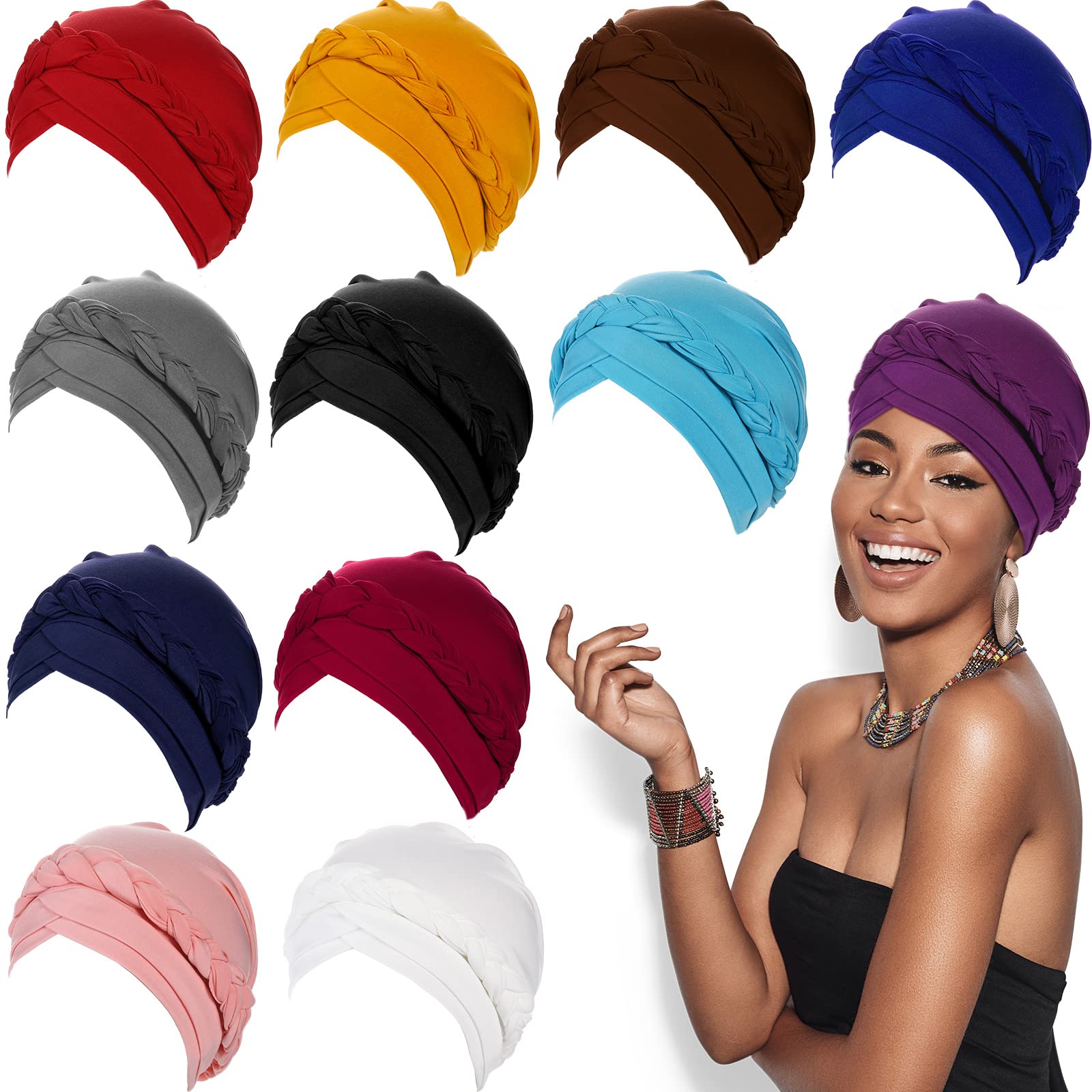 12 Pack Braid Turban Cap for Women Ethnic Bohemia Twisted Hair Cover Wrap Hat African Pre Tied Bonnet Cancer Braid Turban Hat Beanies Headwear Multicoloured