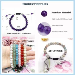 JEWPARK 12 PCS 8mm Semi-Precious Gemstone Bracelet Set Crystal Stone Bracelets for Men Women Round Beaded Adjustable Macrame Bracelets