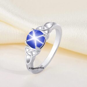 Genuine Blue Star Sapphire Gemstone Ring 925 Sterling Silver Rhodium Plated Halo Ring For Women Lab Created Star Sapphire Ring (Sterling Silver, 6)