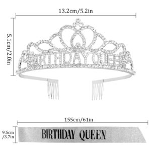 CAVETEE Silver Birthday Crowns for Women Birthday Queen Sash and Tiara for Women Silver Birthday Party Decorations for Women Birthday Sash and Crown for Women