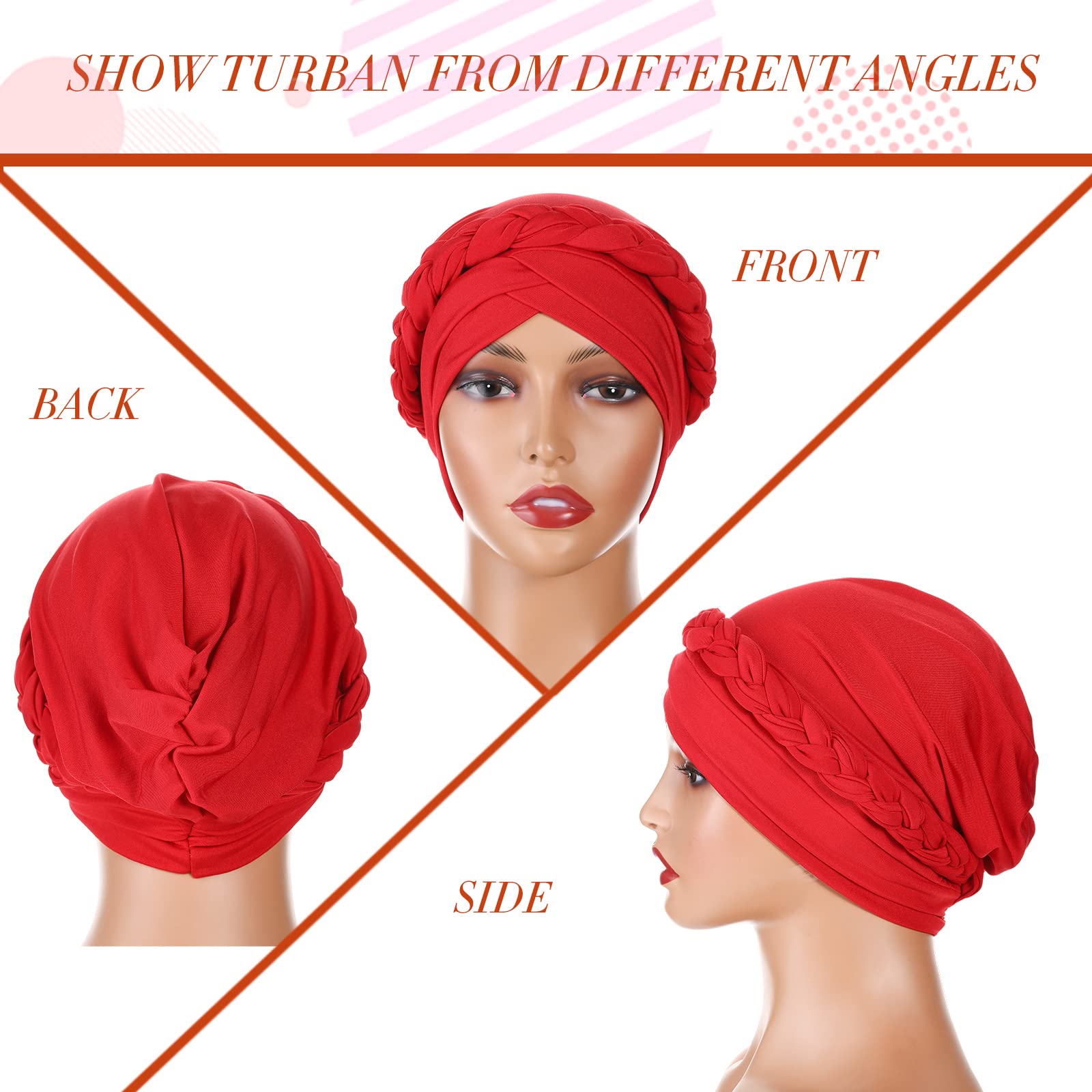 12 Pack Braid Turban Cap for Women Ethnic Bohemia Twisted Hair Cover Wrap Hat African Pre Tied Bonnet Cancer Braid Turban Hat Beanies Headwear Multicoloured