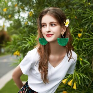 COIRIS Bohemia Beaded Fringe Statement Earrings with Long Dangling Tassel Raffia Earrings for Women(ER1183-Green Big)