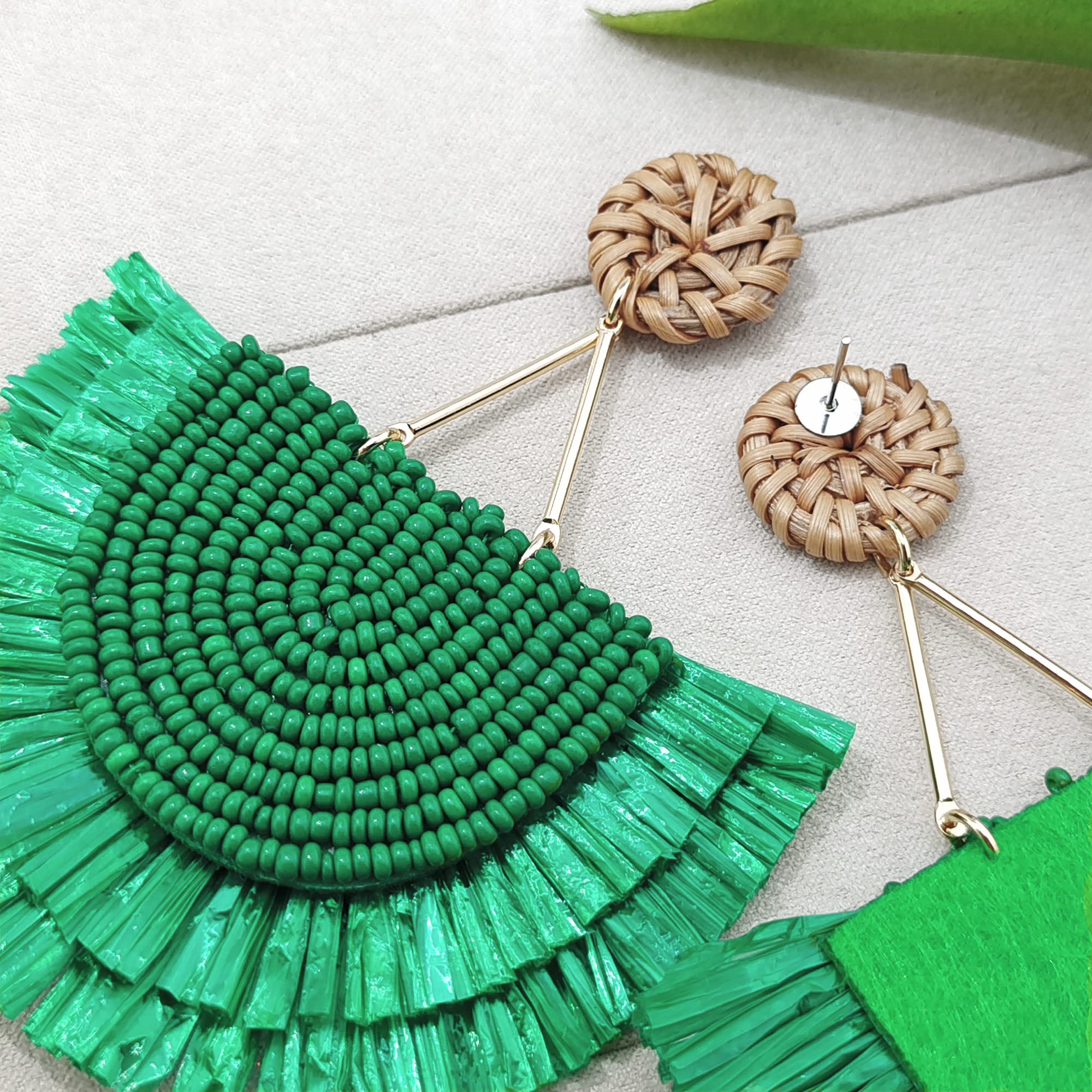 COIRIS Bohemia Beaded Fringe Statement Earrings with Long Dangling Tassel Raffia Earrings for Women(ER1183-Green Big)