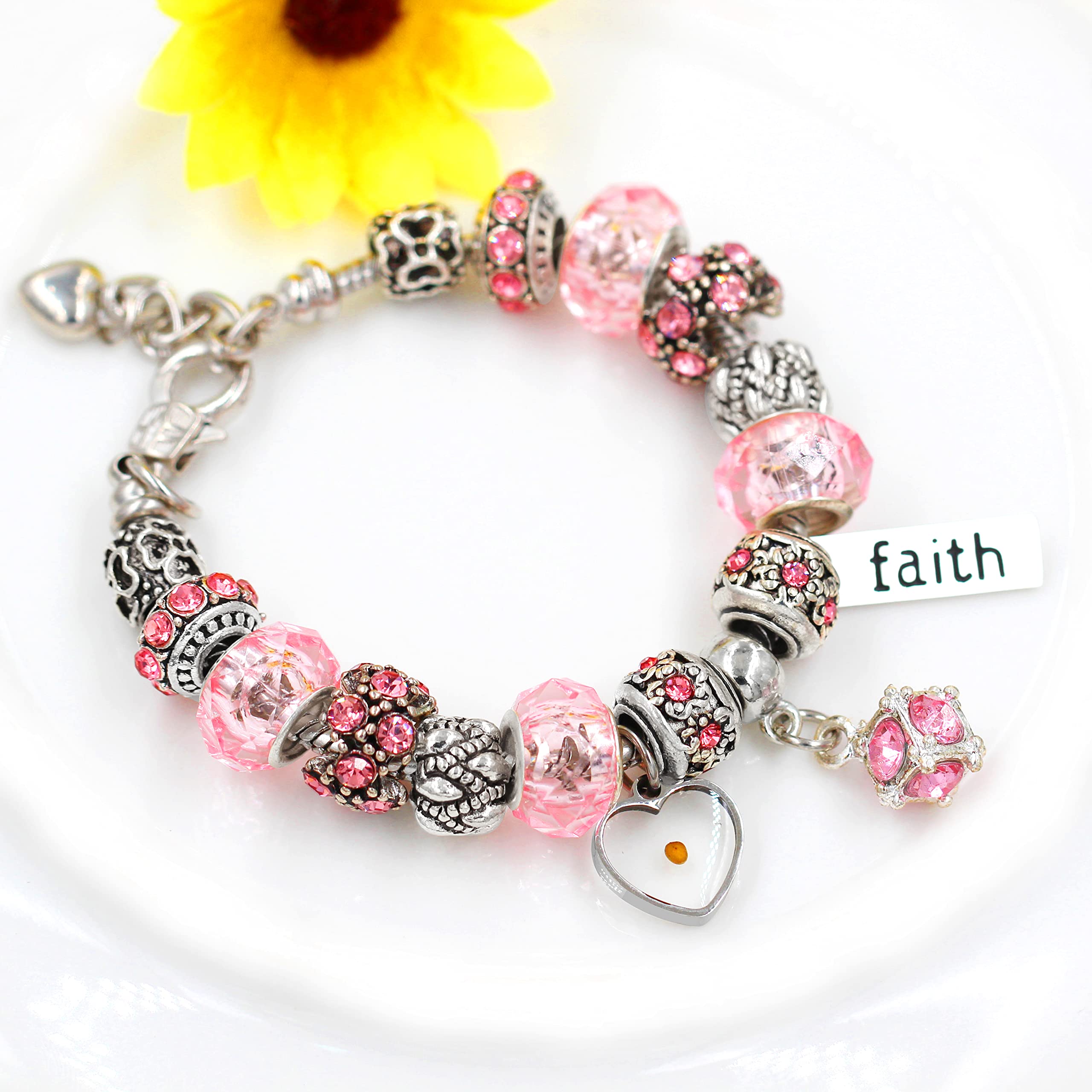 Silver Tone Crystal Murano Glass Beads Snake Chain Bracelet Faith Mustard Seed Charm Crystal Bracelets for Women Y1924 (pink)