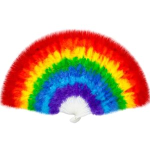 Rainbow Feather Folding Hand Rave Fan 45cm, Fancy Dress Wedding Party Gift Outdoor Vintage Dance Photoshoot Pride Hand Fan Gay Fan(LGBTQ)