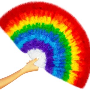 Rainbow Feather Folding Hand Rave Fan 45cm, Fancy Dress Wedding Party Gift Outdoor Vintage Dance Photoshoot Pride Hand Fan Gay Fan(LGBTQ)