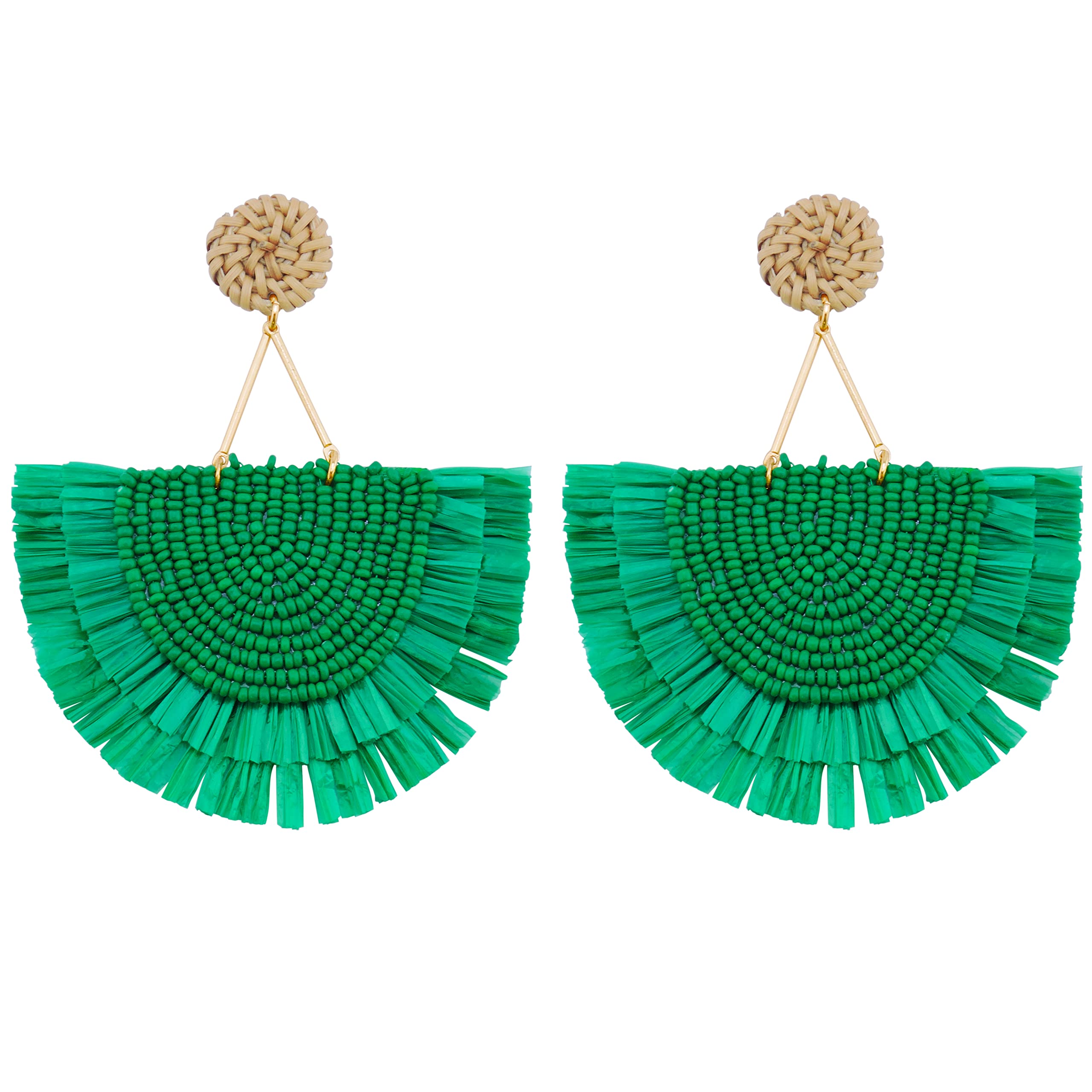 COIRIS Bohemia Beaded Fringe Statement Earrings with Long Dangling Tassel Raffia Earrings for Women(ER1183-Green Big)