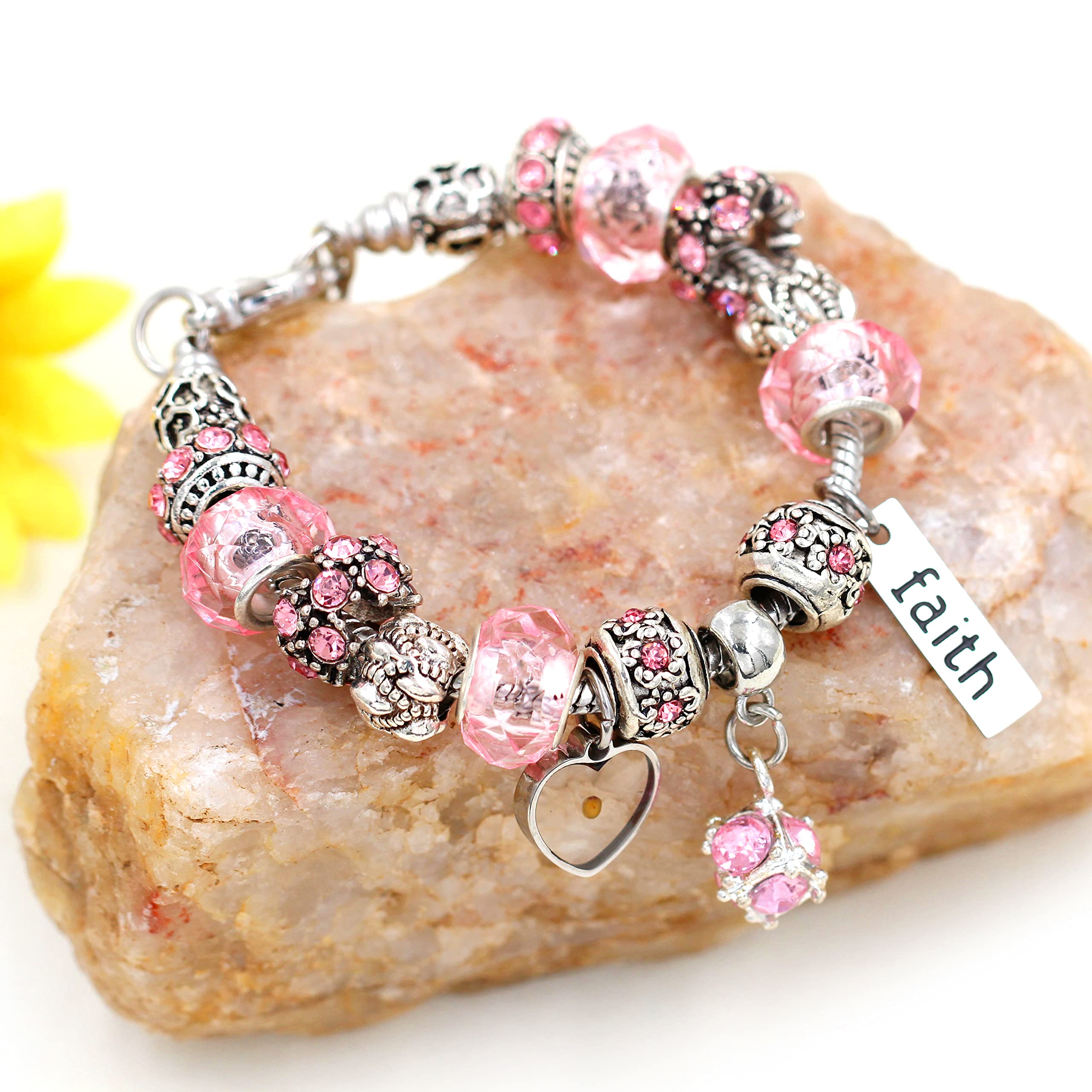 Silver Tone Crystal Murano Glass Beads Snake Chain Bracelet Faith Mustard Seed Charm Crystal Bracelets for Women Y1924 (pink)