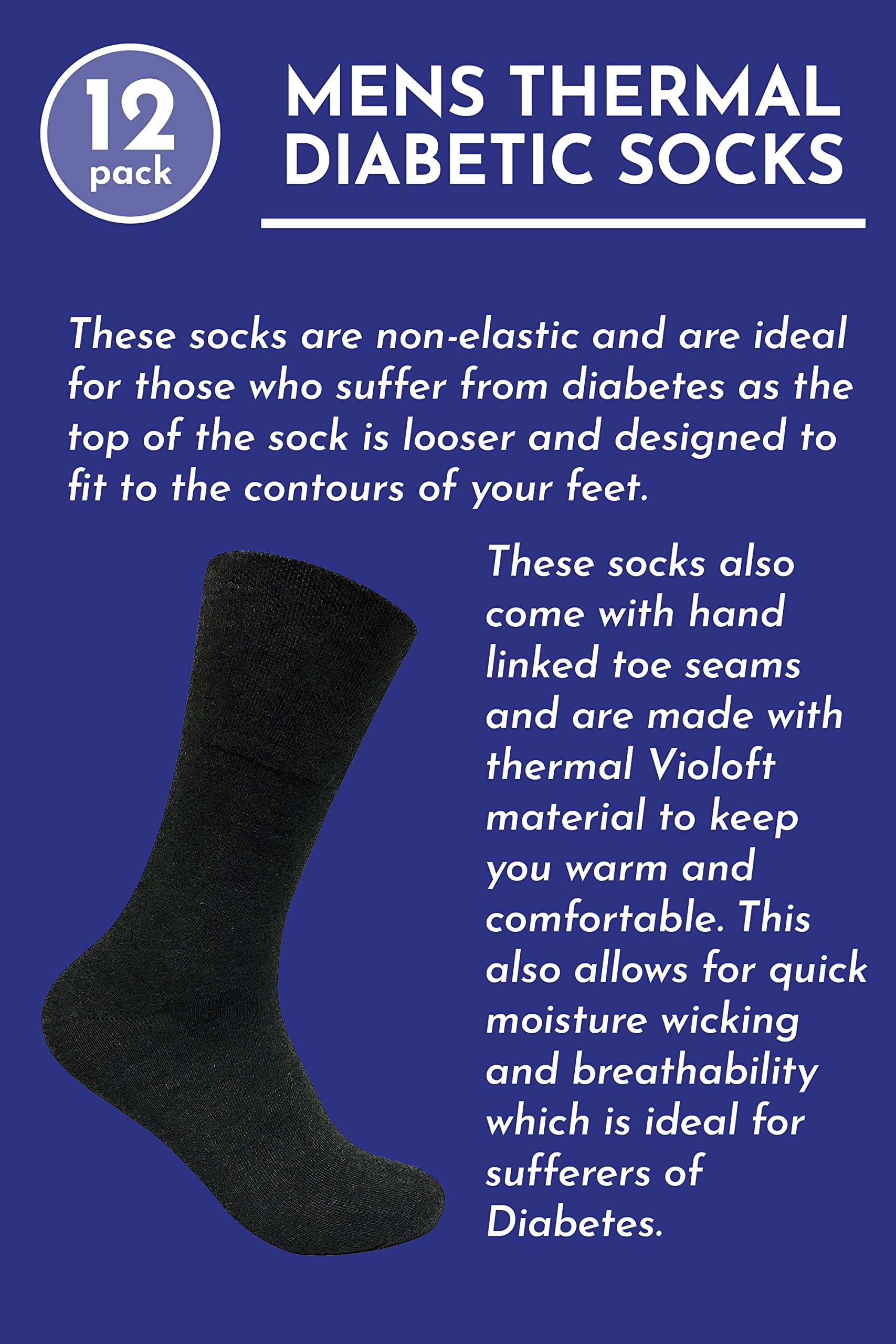 12 Pack Mens Viloft Non Binding Thermal Diabetic Socks | Sock Snob (7-12, Grey)